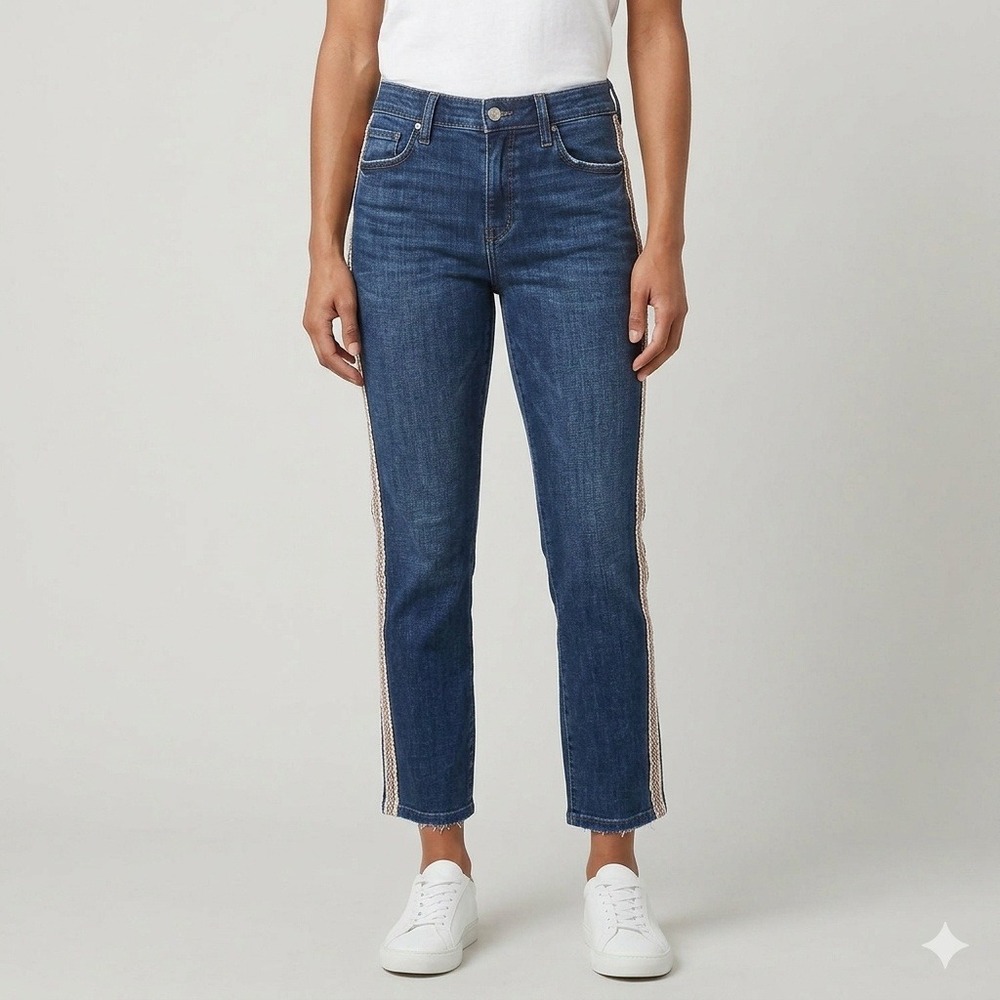 Pilcro Anthropologie‎ Cropped Straight Jeans Embroidered Tape Trim Size 31